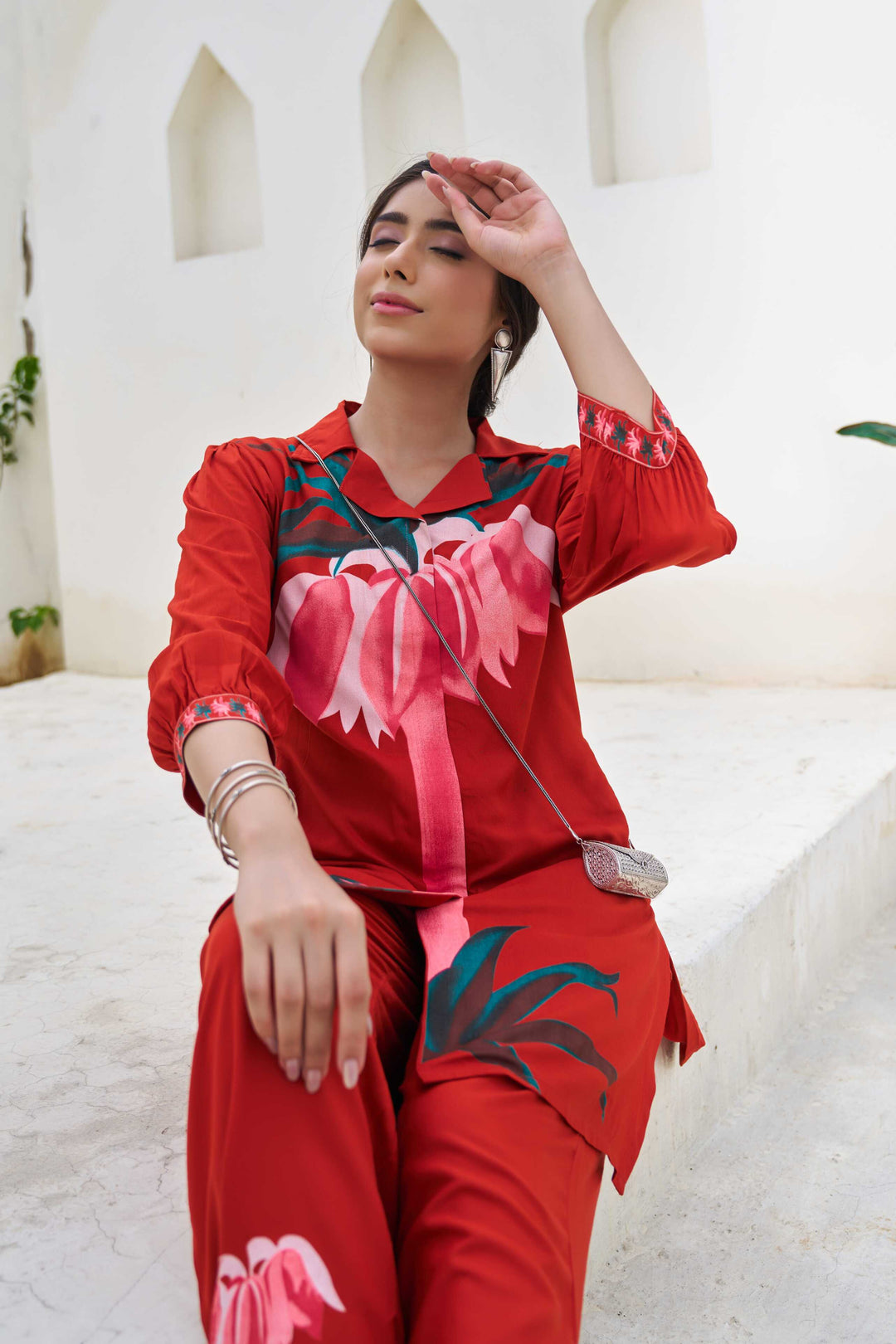 Nehamta Women's Rust Viscose Rayon Short Kurta With Pant