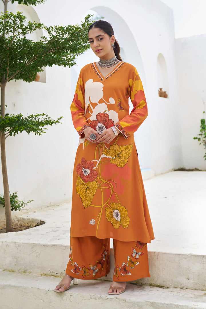 Nehamta Women's Rust Oranges German Rayon Kurta With Palazzo Set