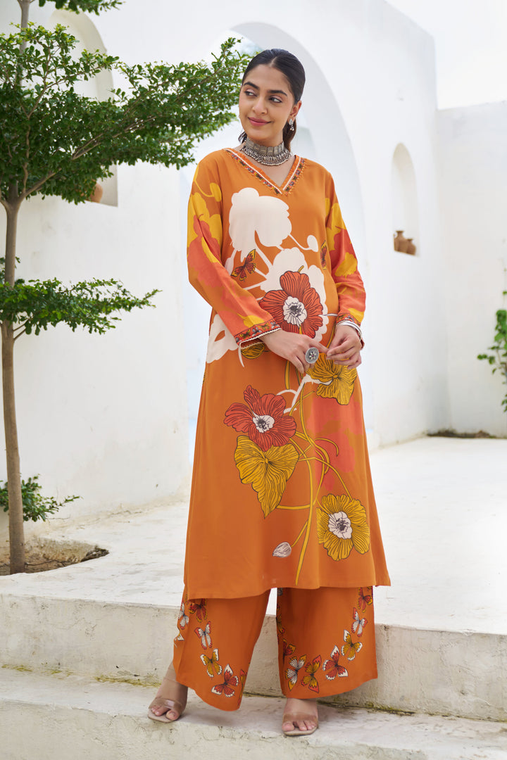 Nehamta Women's Rust Oranges German Rayon Kurta With Palazzo Set
