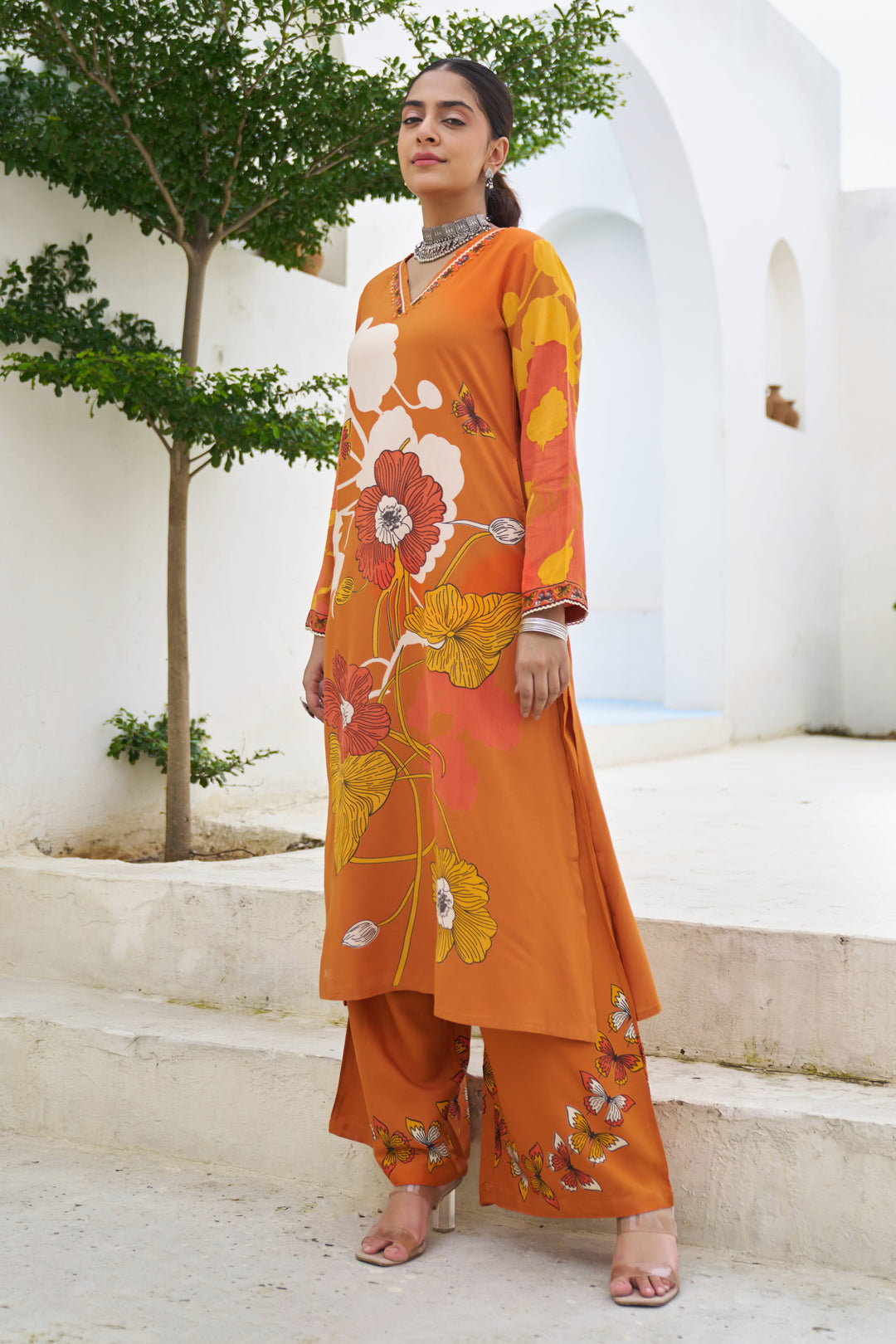 Nehamta Women's Rust Oranges German Rayon Kurta With Palazzo Set