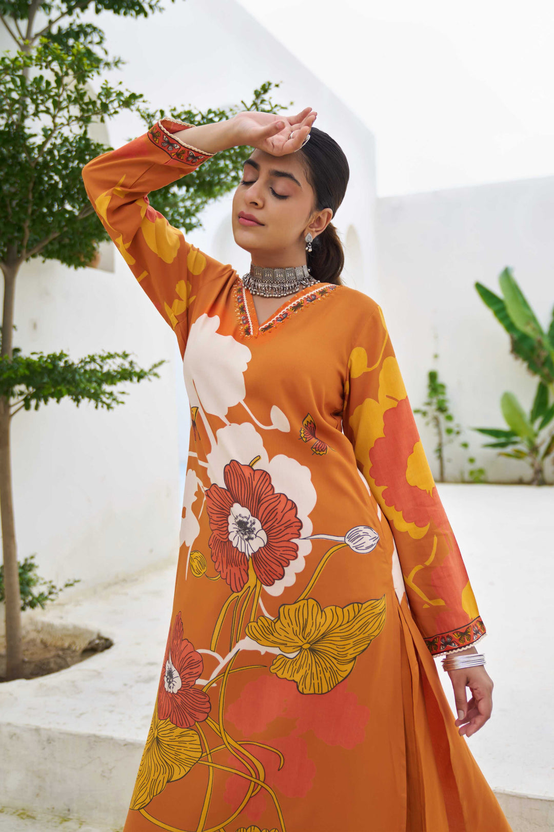 Nehamta Women's Rust Oranges German Rayon Kurta With Palazzo Set