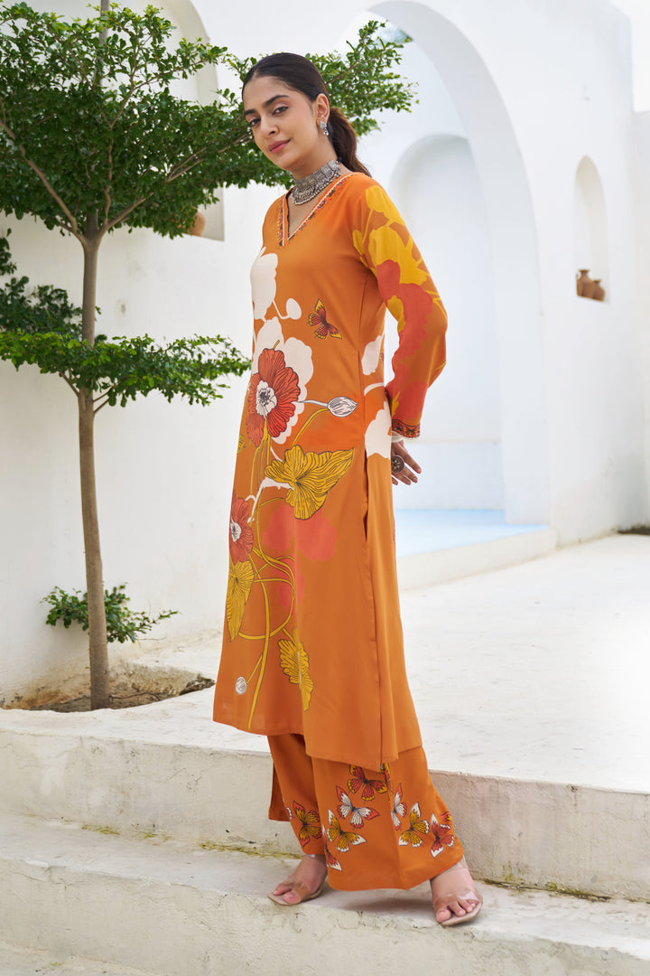 Nehamta Women's Rust Oranges German Rayon Kurta With Palazzo Set