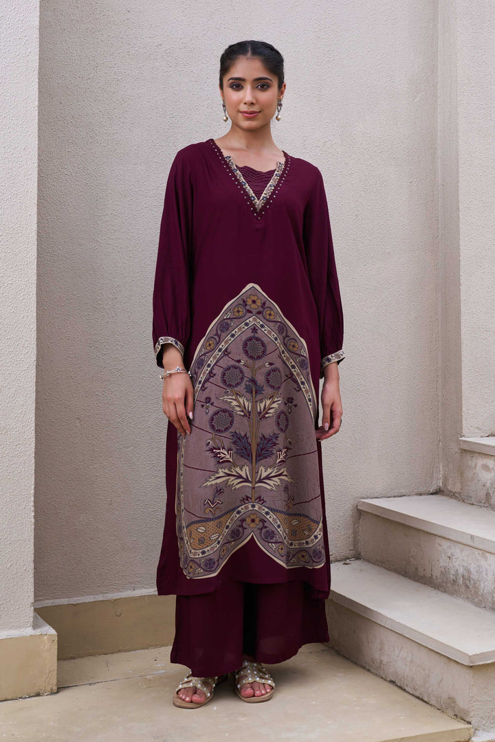 Nehamta Women's Wine German Rayon Kurta & Palazzo Set