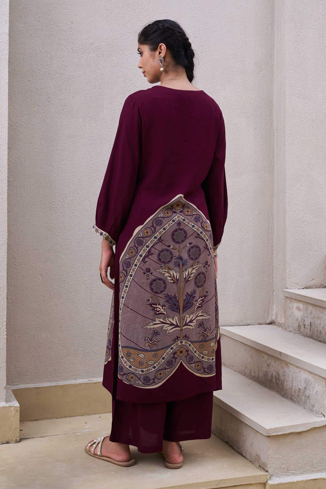 Nehamta Women's Wine German Rayon Kurta & Palazzo Set