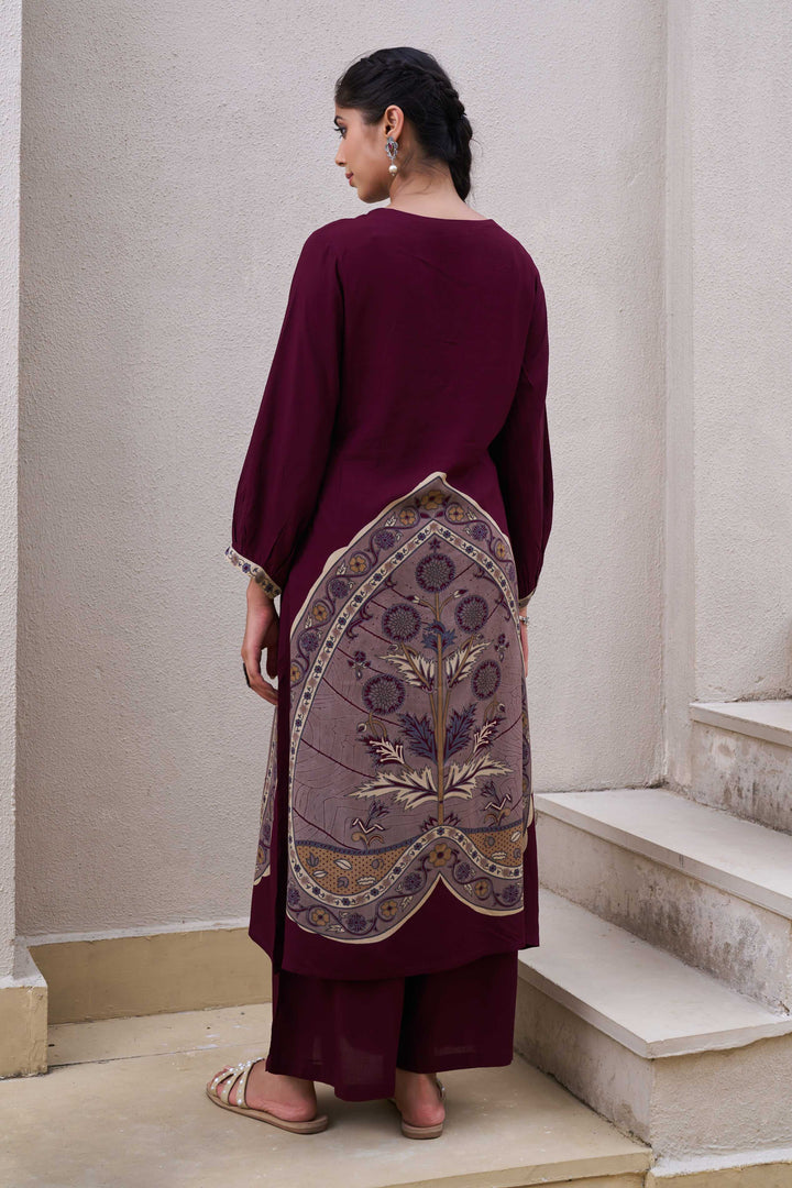 Nehamta Women's Wine German Rayon Kurta & Palazzo Set