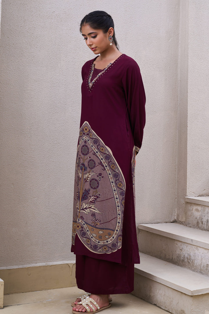 Nehamta Women's Wine German Rayon Kurta & Palazzo Set