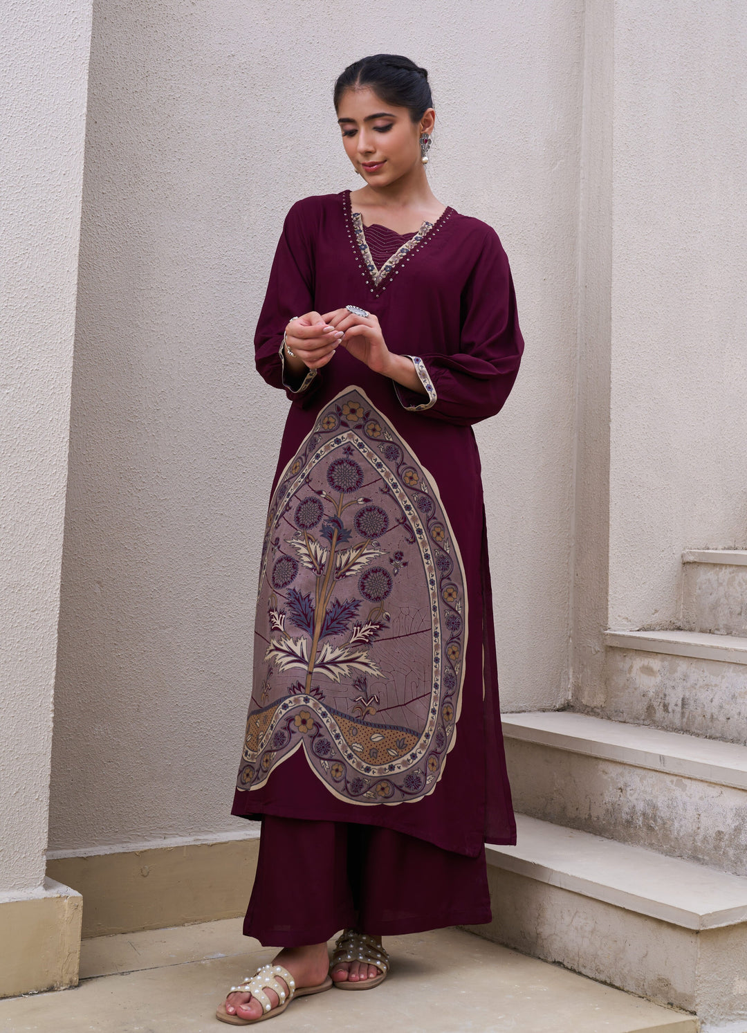 Nehamta Women's Wine German Rayon Kurta & Palazzo Set
