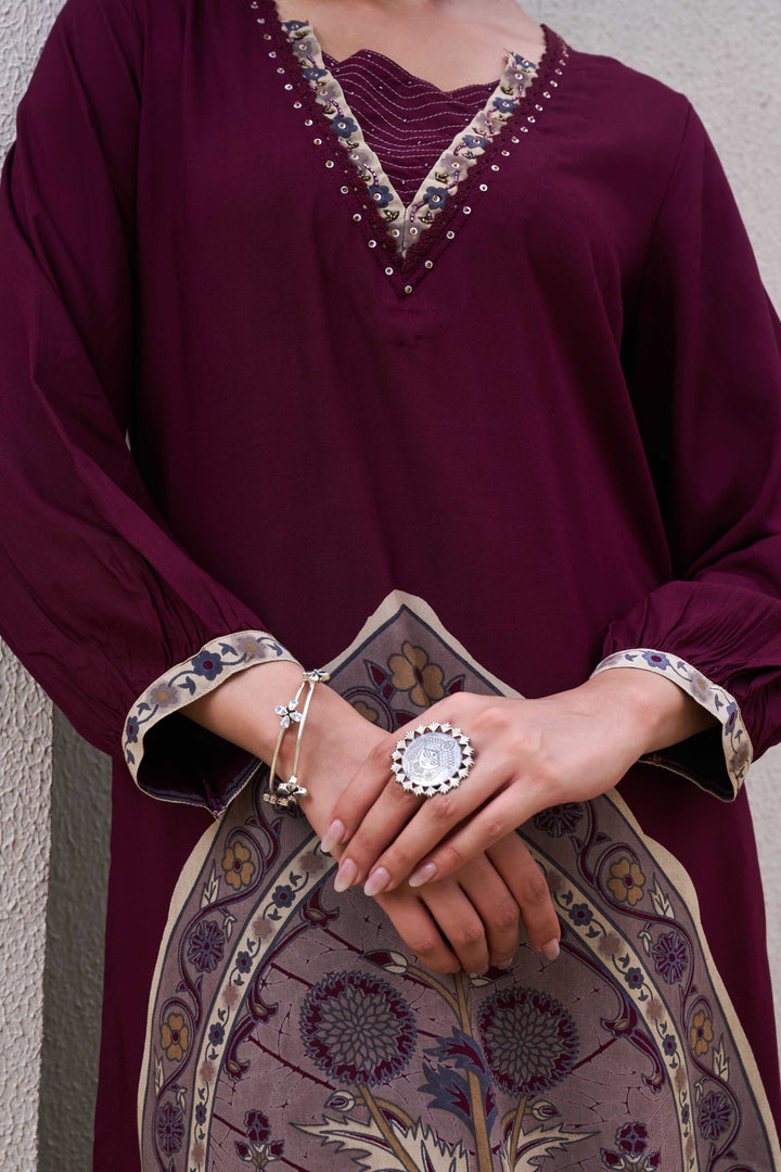 Nehamta Women's Wine German Rayon Kurta & Palazzo Set