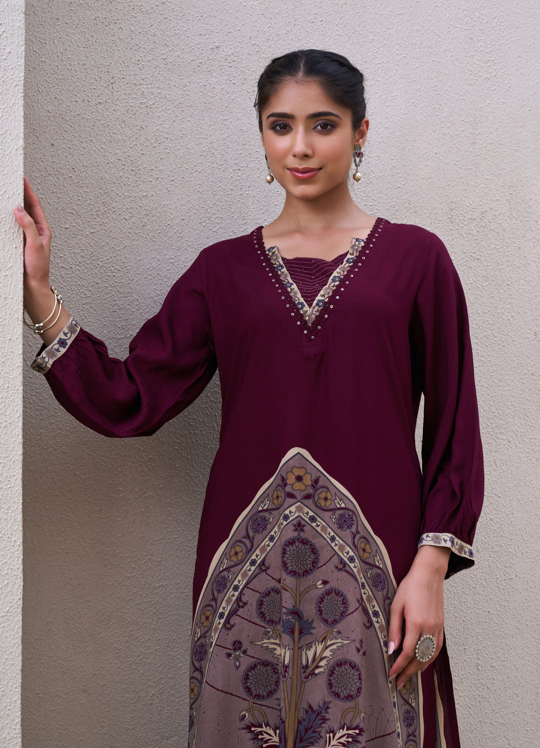 Nehamta Women's Wine German Rayon Kurta & Palazzo Set