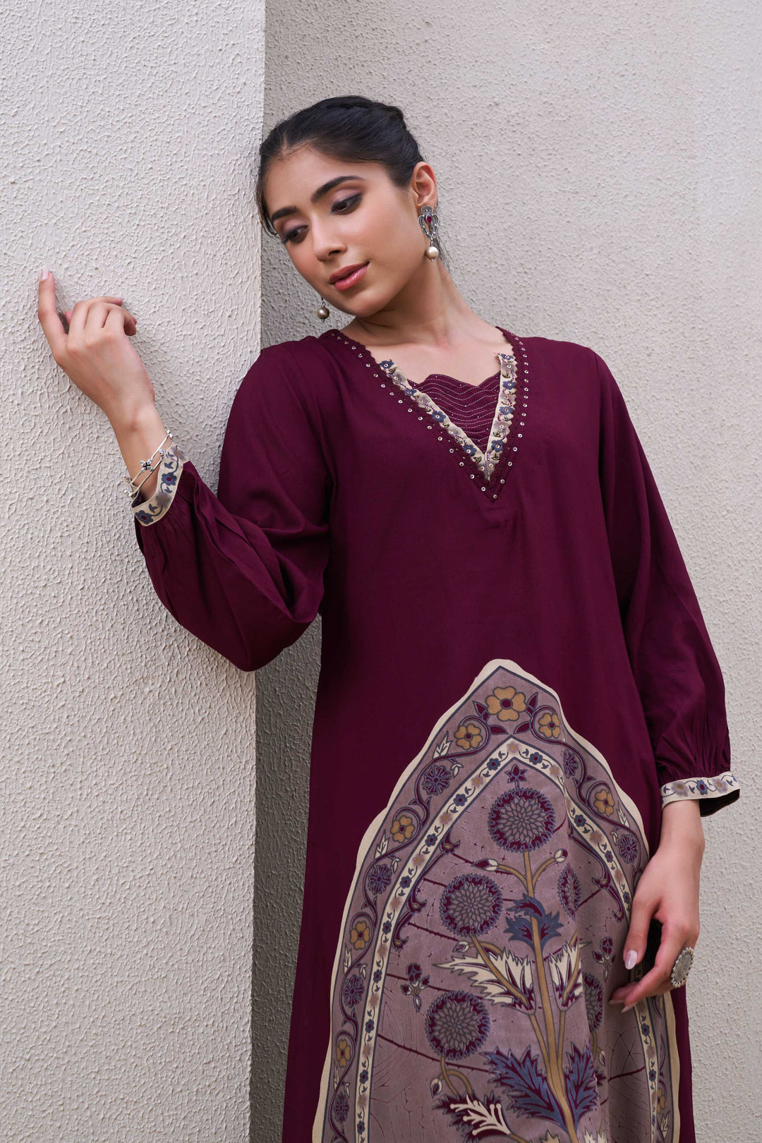 Nehamta Women's Wine German Rayon Kurta & Palazzo Set