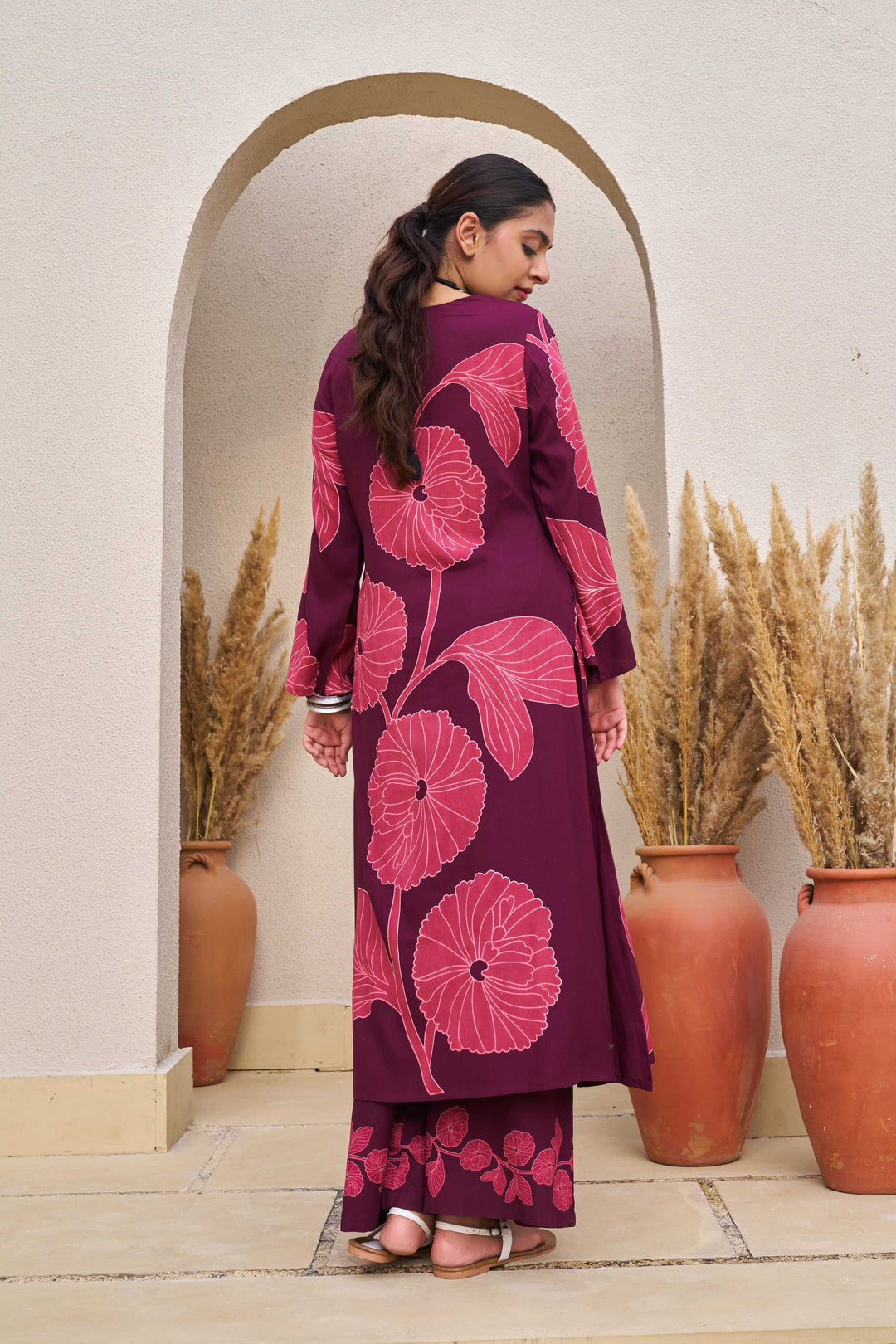 Nehamta Women's Wine German Rayon Kurta & Palazzo Set