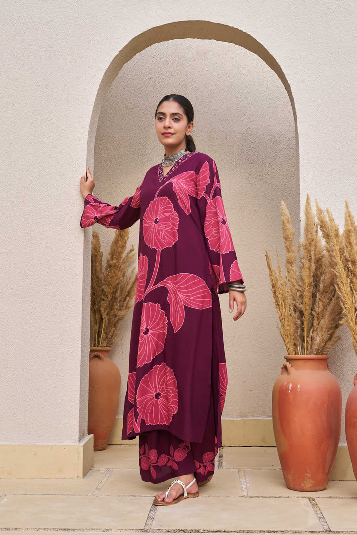 Nehamta Women's Wine German Rayon Kurta & Palazzo Set