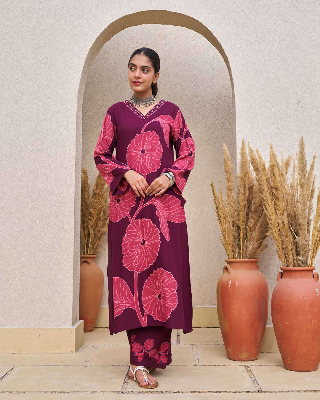 Nehamta Women's Wine German Rayon Kurta & Palazzo Set