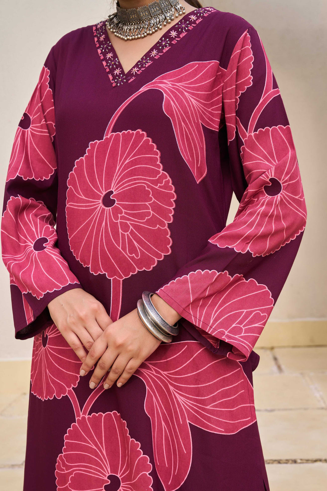 Nehamta Women's Wine German Rayon Kurta & Palazzo Set