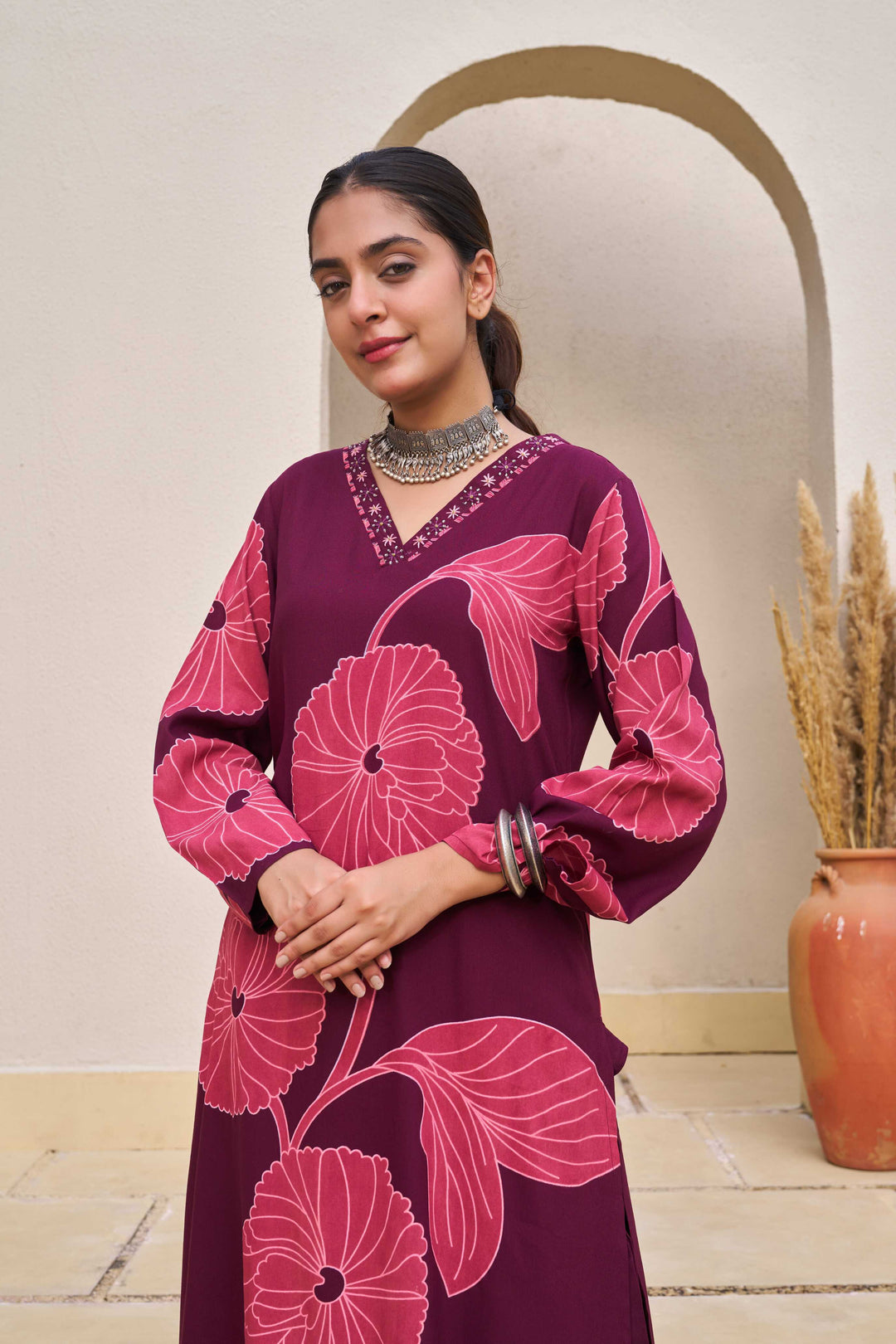 Nehamta Women's Wine German Rayon Kurta & Palazzo Set