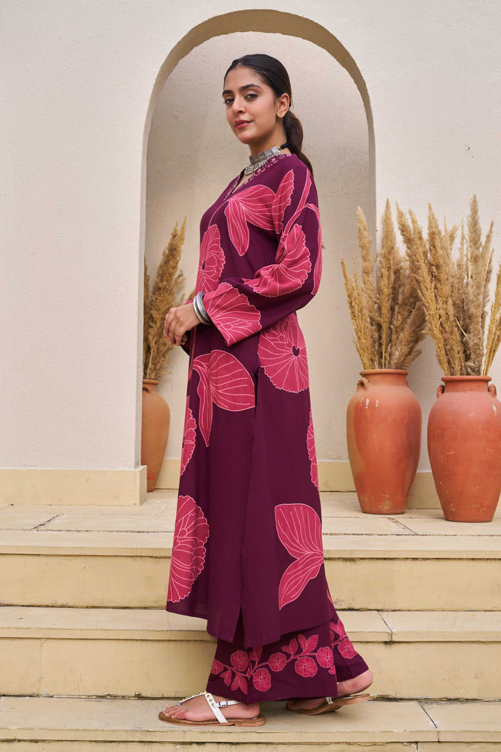 Nehamta Women's Wine German Rayon Kurta & Palazzo Set