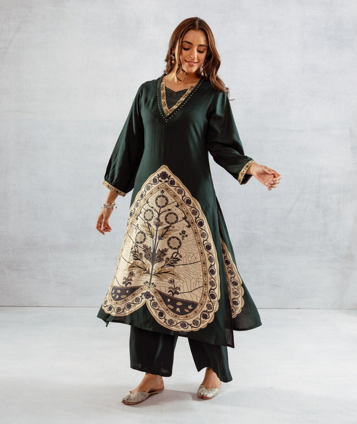 Nehamta Women's Green German Rayon Kurta & Palazzo Set