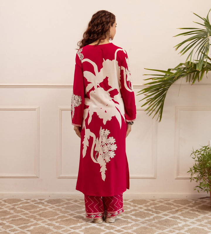 Nehamta Women's Red German Rayon Kurta & Palazzo Set