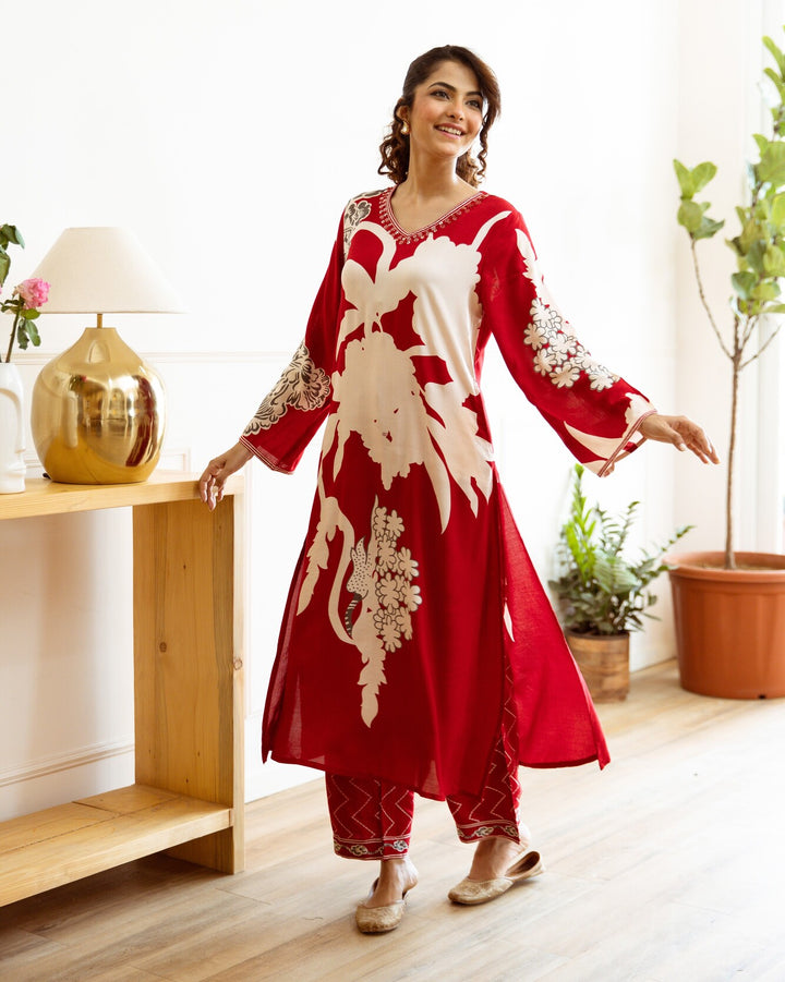 Nehamta Women's Red German Rayon Kurta & Palazzo Set
