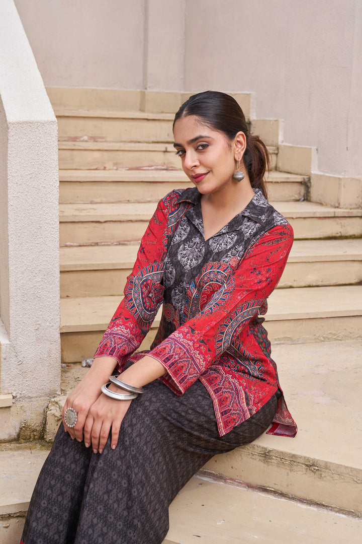 Nehamta Women's Black Rayon Short Kurta With Palazzo Co-Ords Set