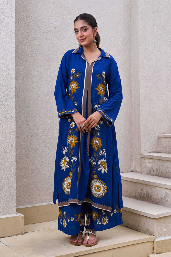 Nehamta Women's Blue German Rayon Kurta & Palazzo Set