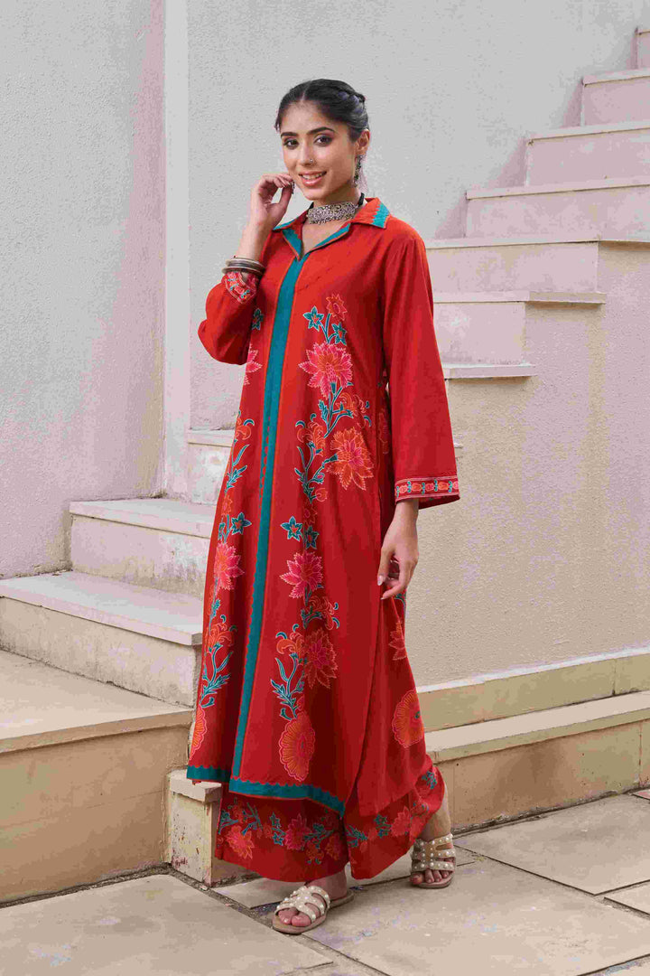 Nehamta Women's Rust German Rayon Kurta & Palazzo Set