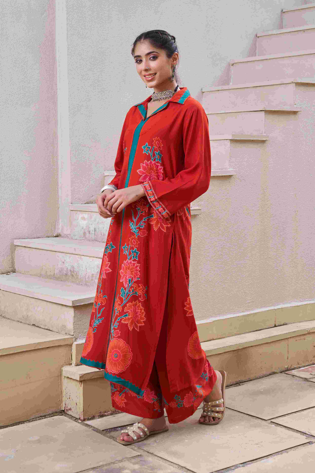 Nehamta Women's Rust German Rayon Kurta & Palazzo Set