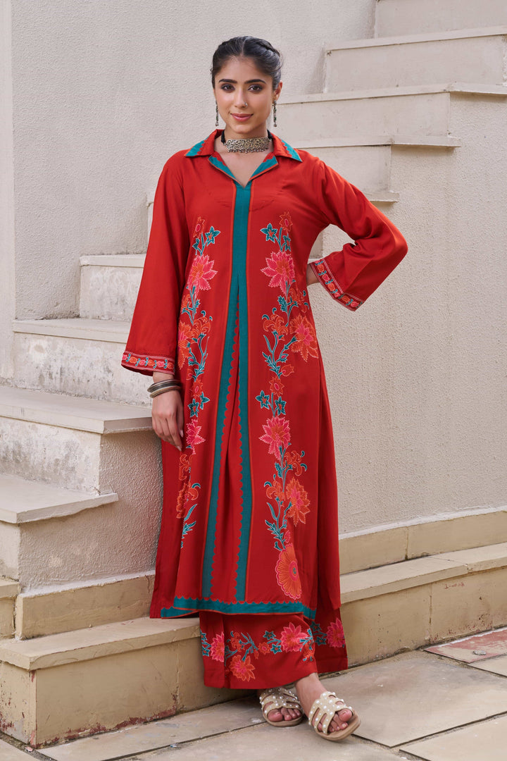 Nehamta Women's Rust German Rayon Kurta & Palazzo Set