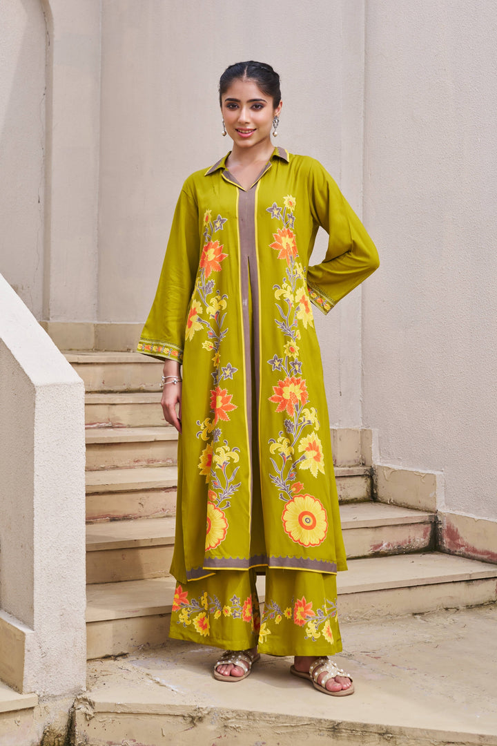 Nehamta Women's Lime Green German Rayon Kurta & Palazzo Set