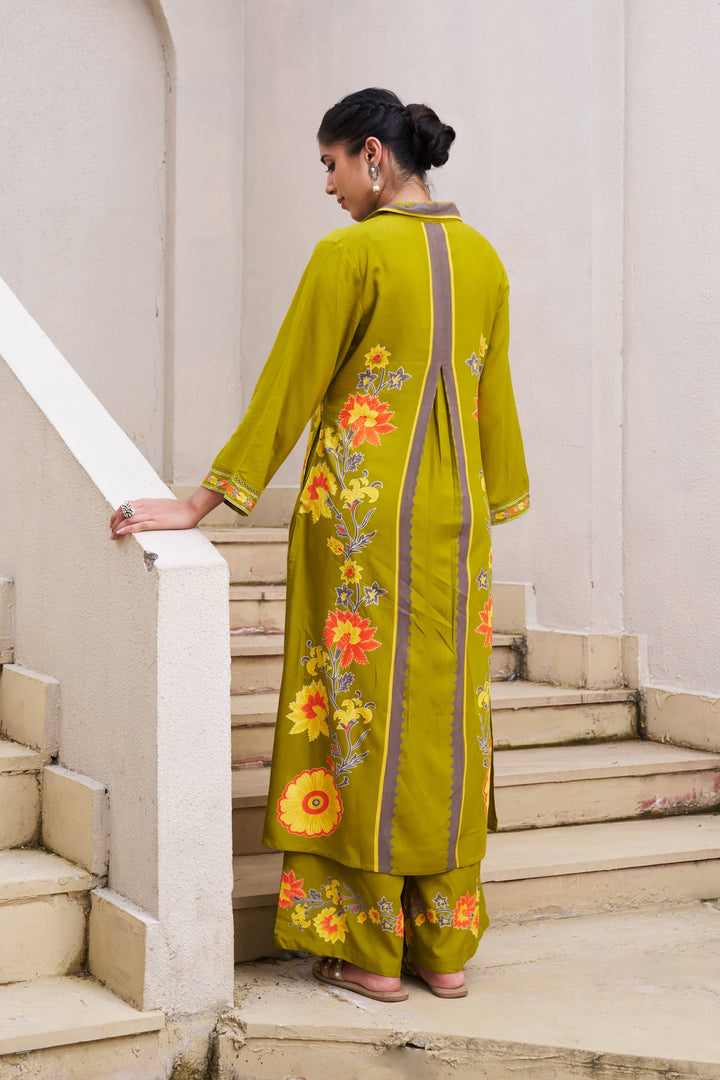 Nehamta Women's Lime Green German Rayon Kurta & Palazzo Set