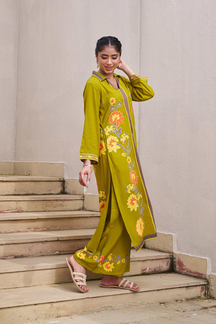 Nehamta Women's Lime Green German Rayon Kurta & Palazzo Set