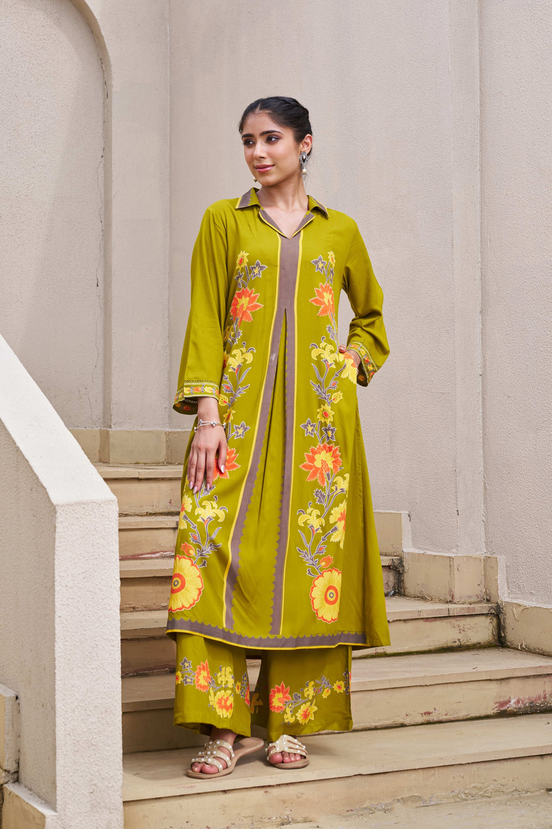 Nehamta Women's Lime Green German Rayon Kurta & Palazzo Set