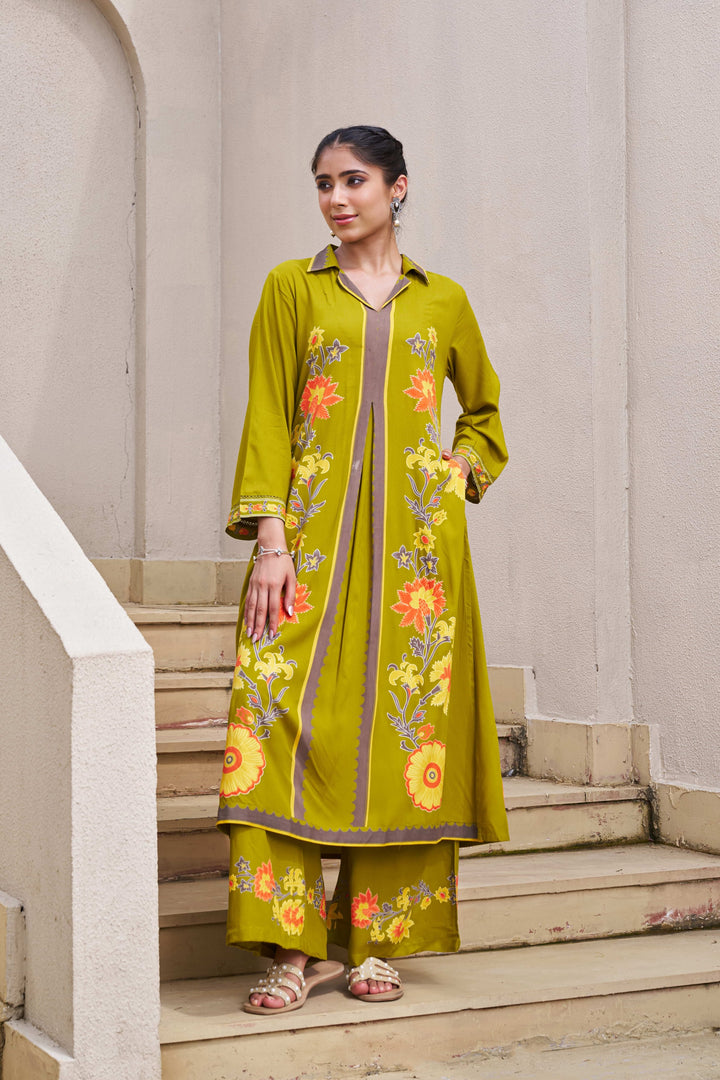 Nehamta Women's Lime Green German Rayon Kurta & Palazzo Set