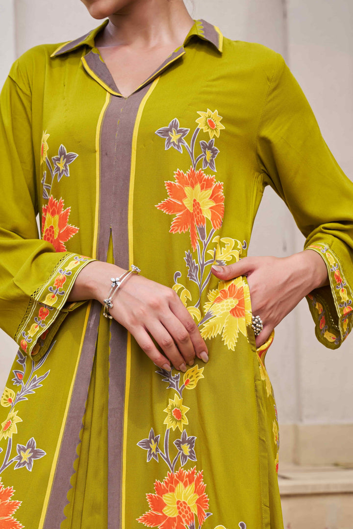 Nehamta Women's Lime Green German Rayon Kurta & Palazzo Set