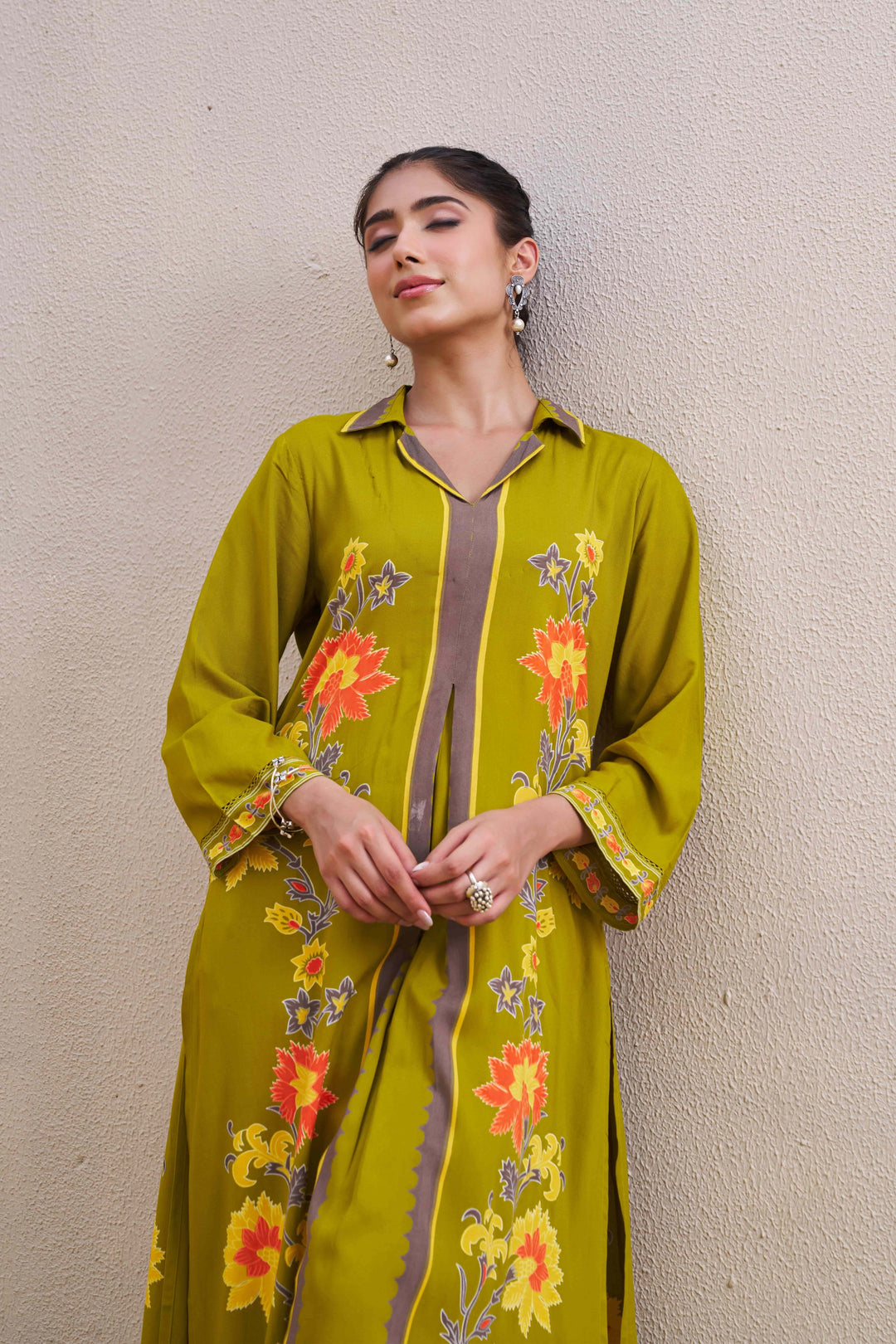 Nehamta Women's Lime Green German Rayon Kurta & Palazzo Set