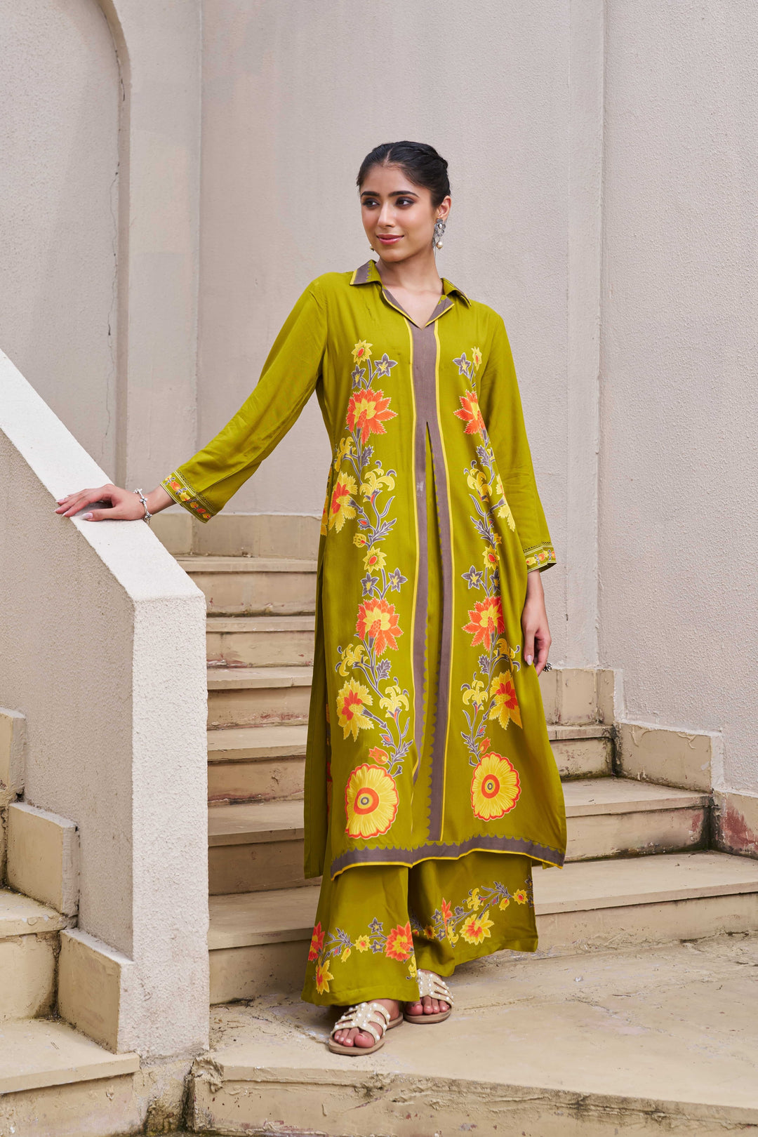 Nehamta Women's Lime Green German Rayon Kurta & Palazzo Set