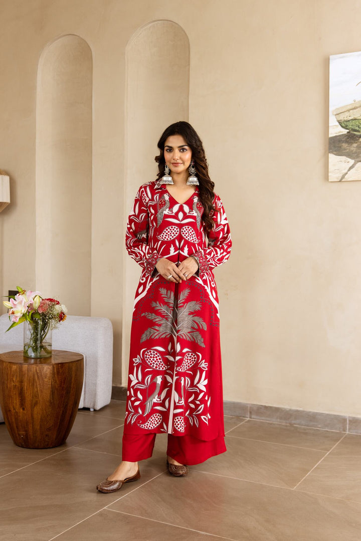 Nehamta Women's Red German Rayon Kurta & Palazzo Set