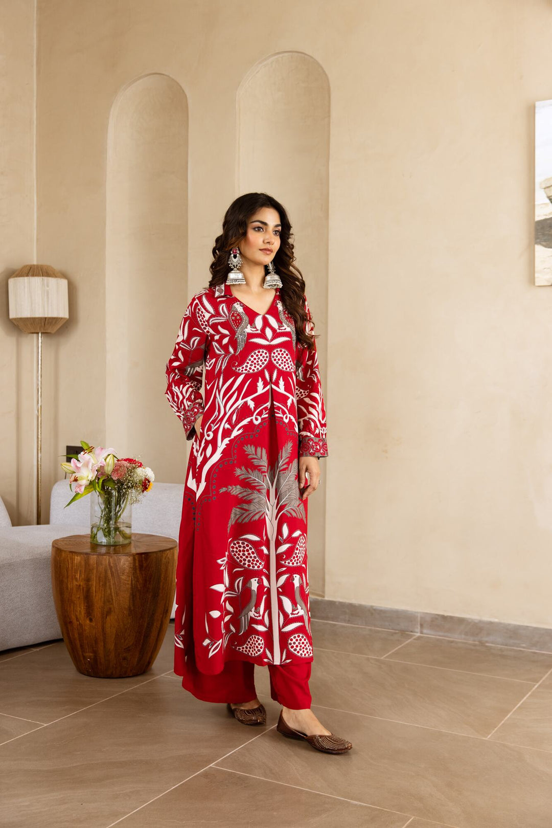 Nehamta Women's Red German Rayon Kurta & Palazzo Set