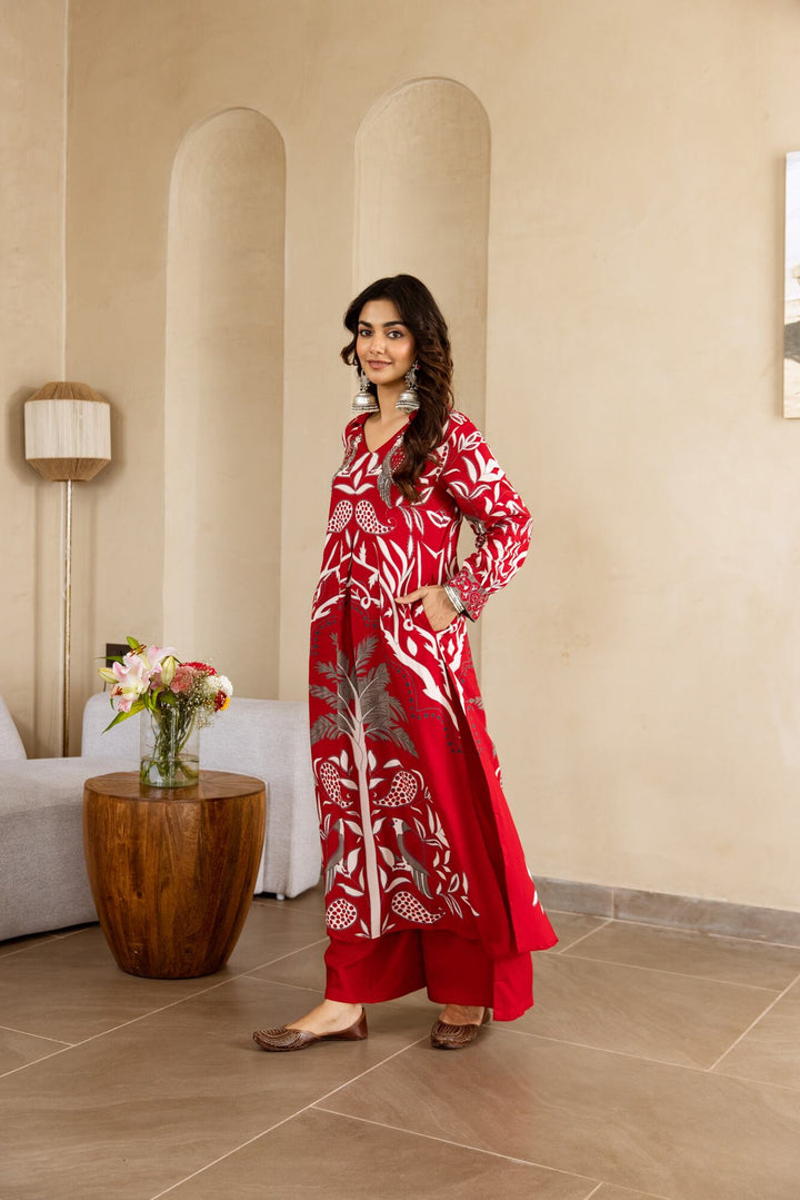 Nehamta Women's Red German Rayon Kurta & Palazzo Set