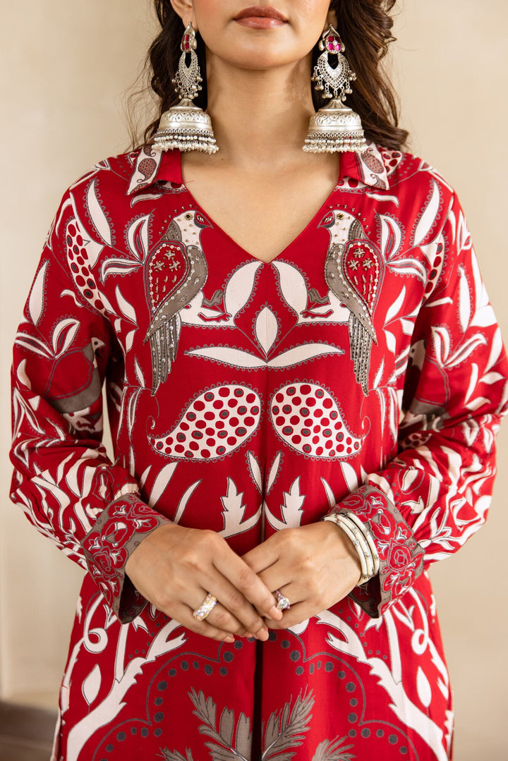 Nehamta Women's Red German Rayon Kurta & Palazzo Set