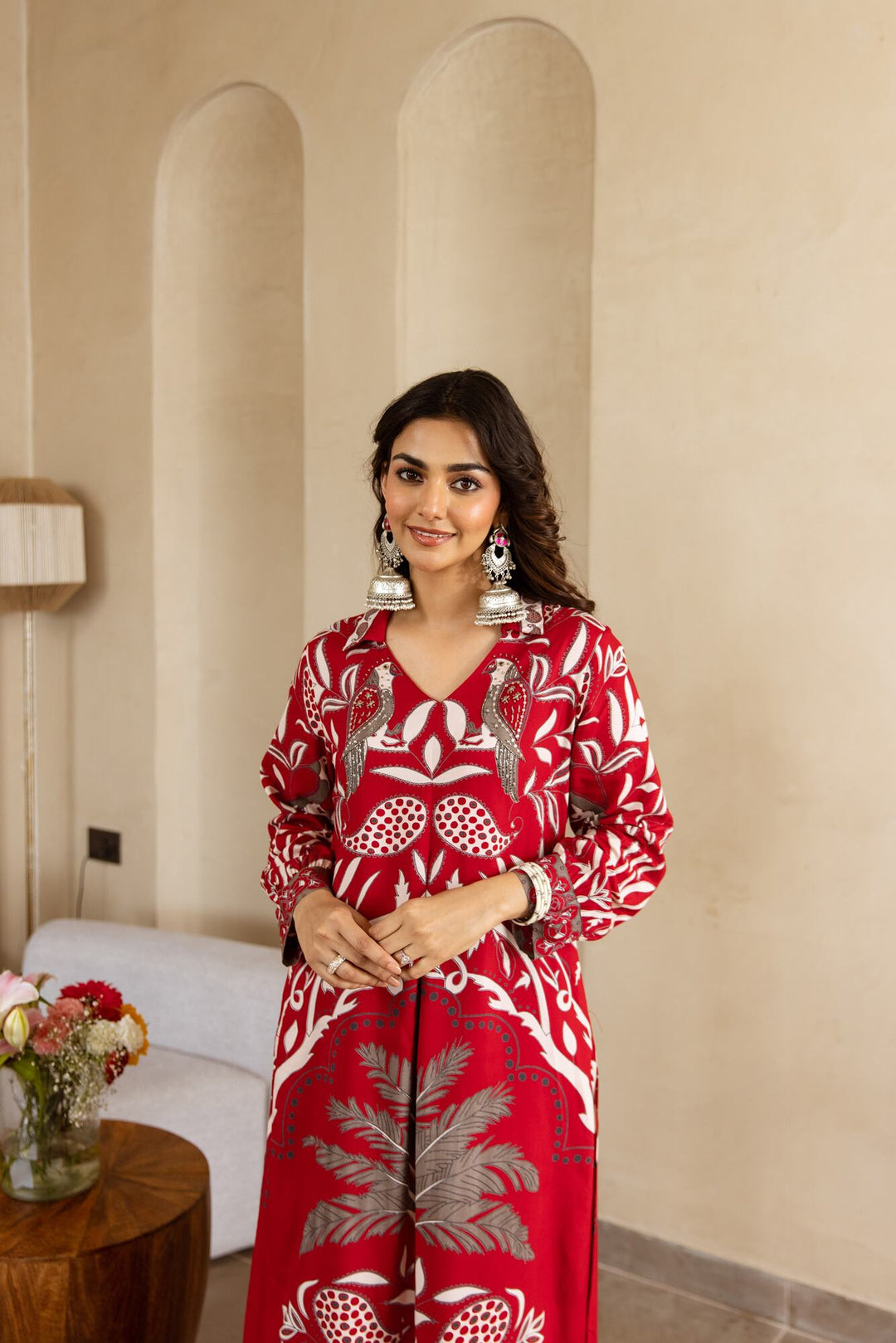 Nehamta Women's Red German Rayon Kurta & Palazzo Set