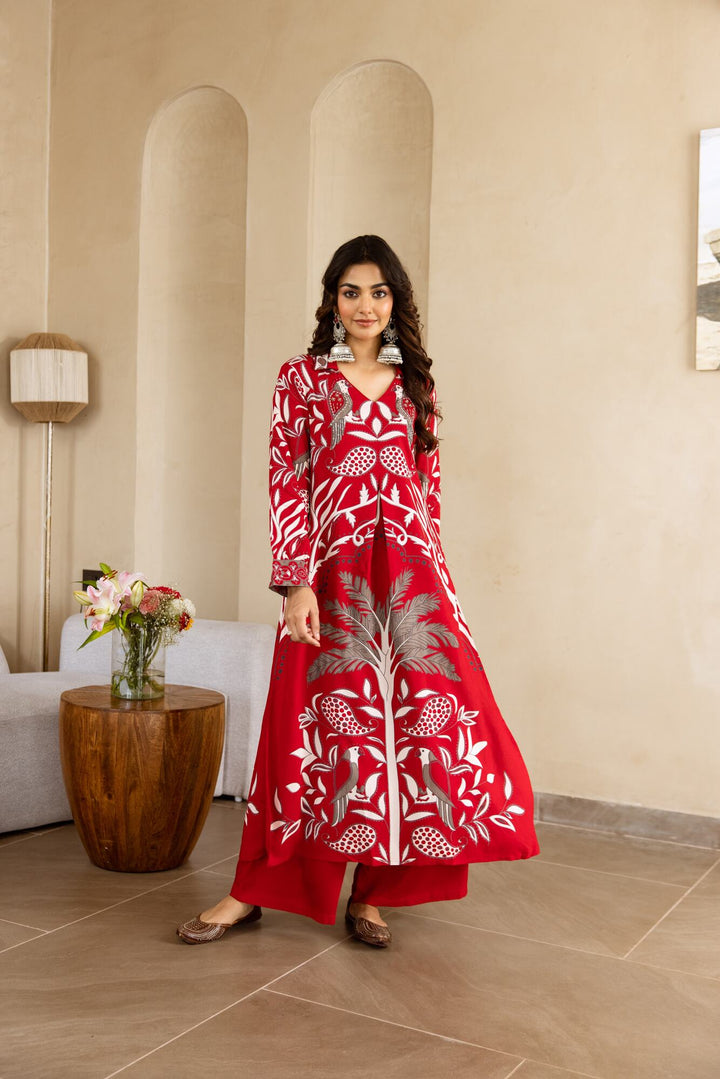 Nehamta Women's Red German Rayon Kurta & Palazzo Set