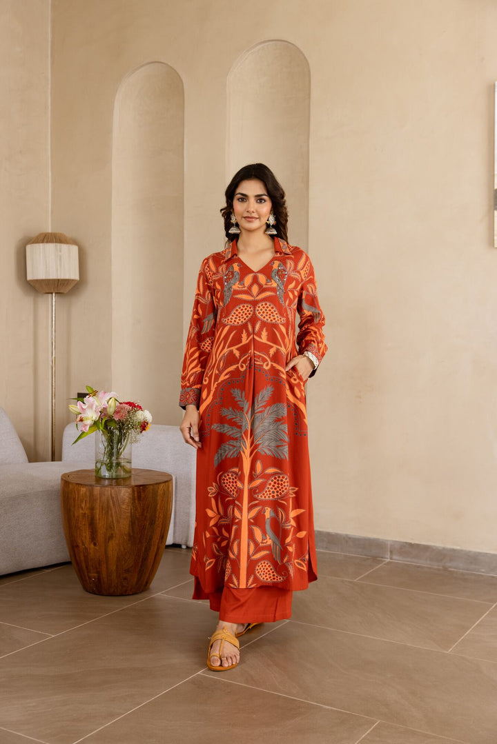 Nehamta Women's Rust German Rayon Kurta & Palazzo Set