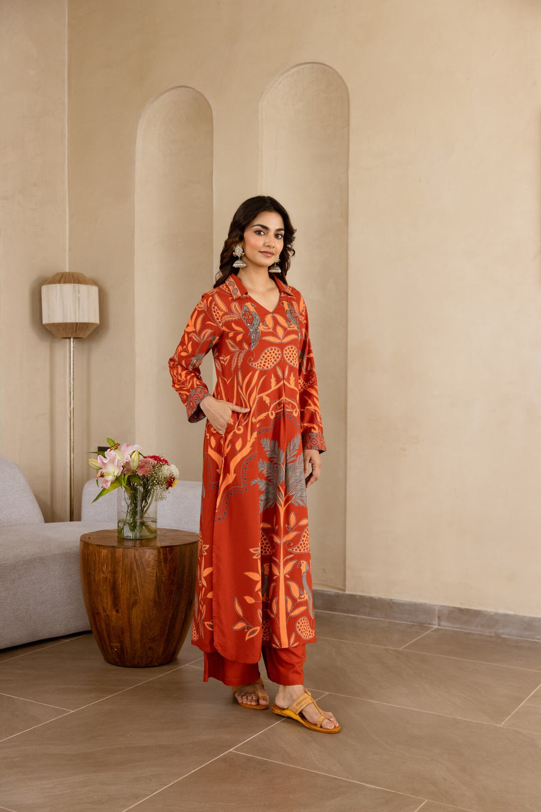 Nehamta Women's Rust German Rayon Kurta & Palazzo Set