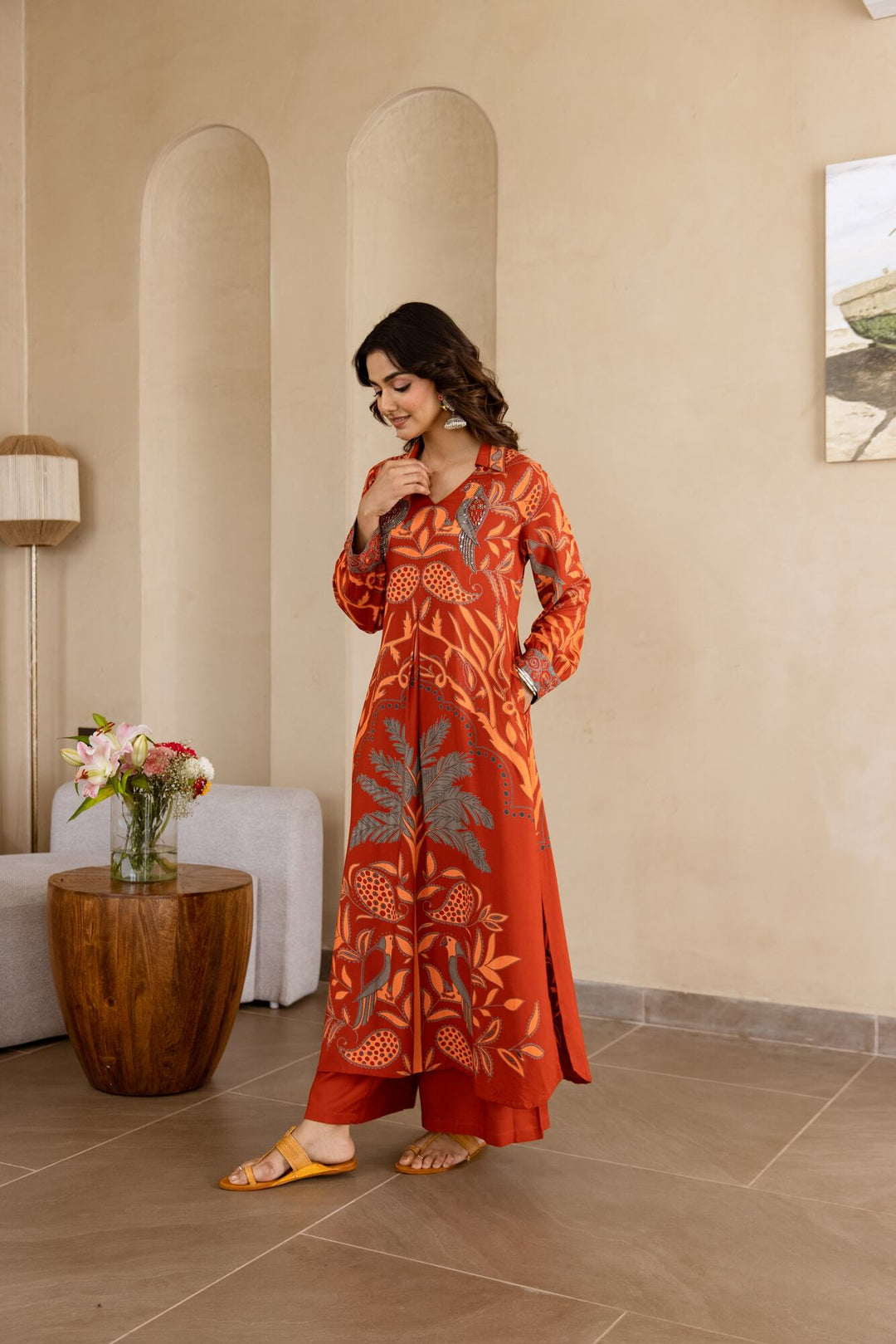 Nehamta Women's Rust German Rayon Kurta & Palazzo Set