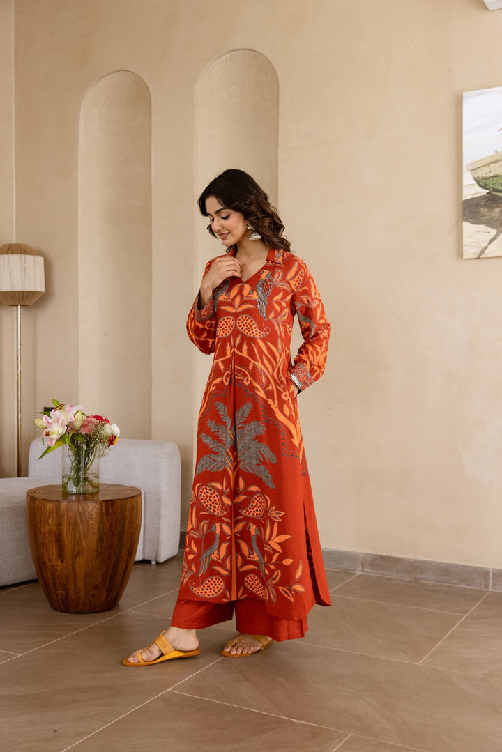 Nehamta Women's Rust German Rayon Kurta & Palazzo Set