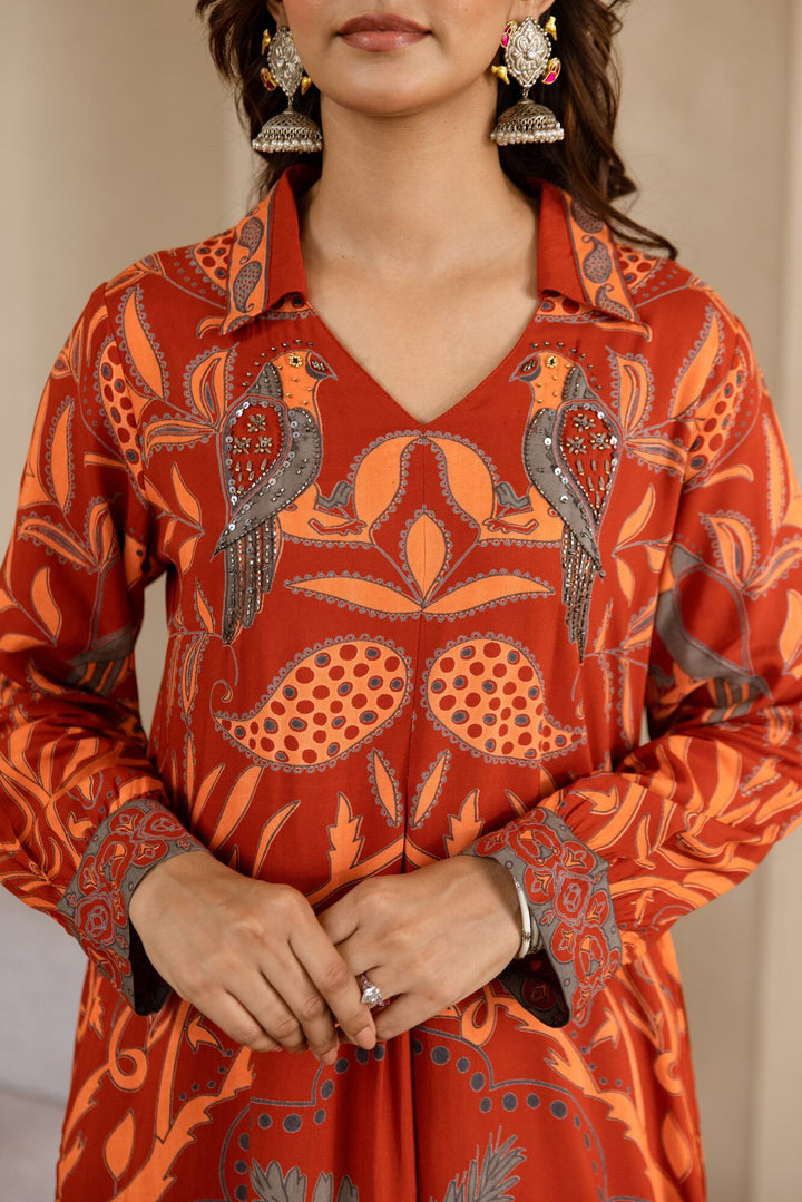 Nehamta Women's Rust German Rayon Kurta & Palazzo Set