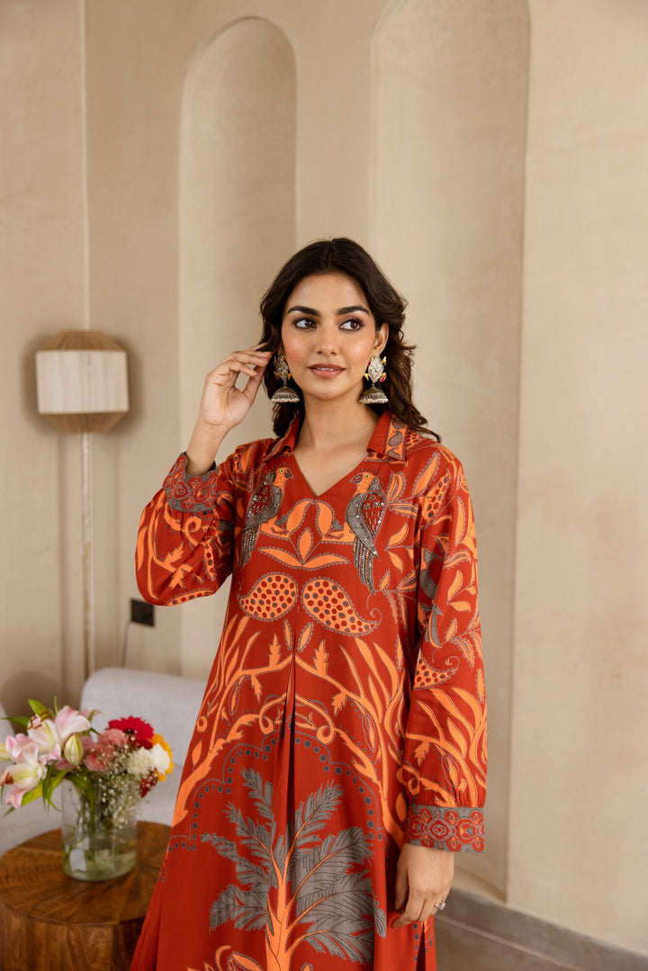 Nehamta Women's Rust German Rayon Kurta & Palazzo Set