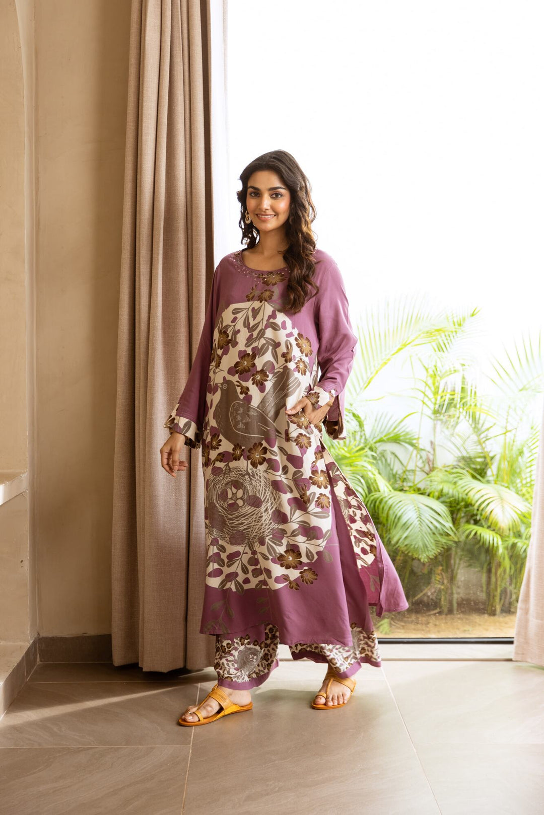 Nehamta Women's Mauve German Rayon Kurta & Palazzo Set