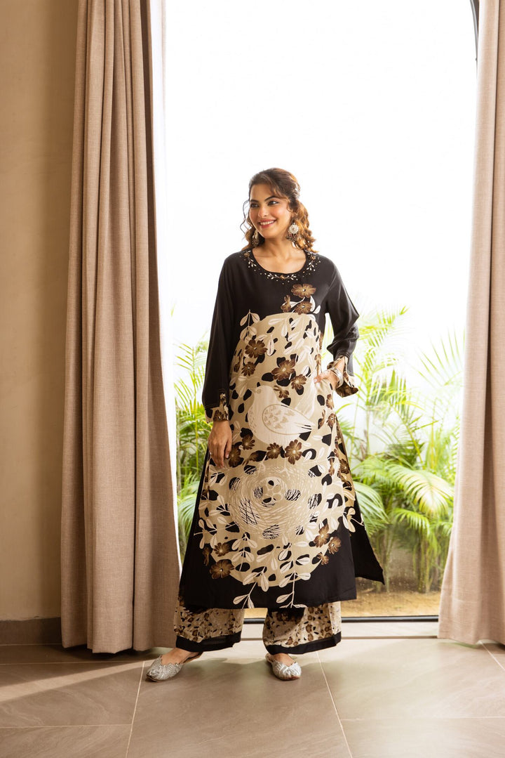 Nehamta Women's Black German Rayon Kurta & Palazzo Set